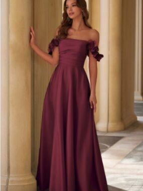 Off-Shoulder Burgundy Floral Sleeve Evening Gown